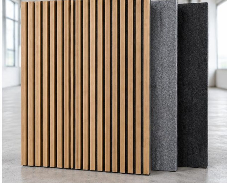 Timber slat and felt acoustic wall panels