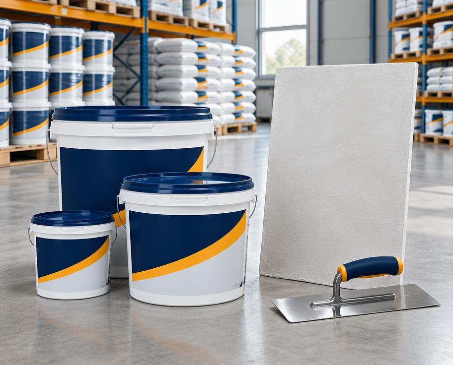 Acrylic wall putty pails with a plaster sample and finishing trowel