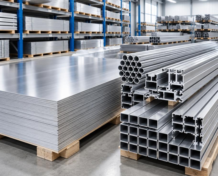 Silver architectural aluminium extrusion sections arranged on warehouse racks