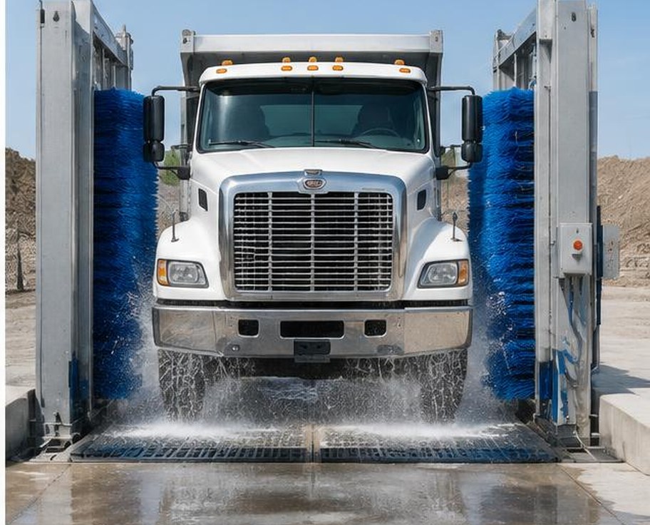 Construction truck passing through automated wheel wash