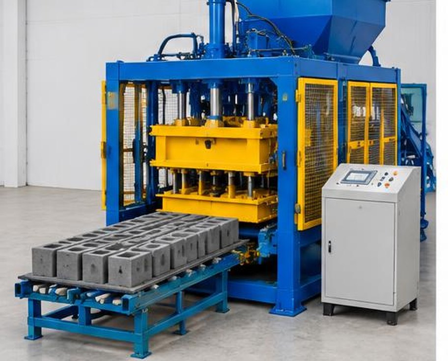 Automatic concrete block making machine with fresh blocks on conveyor