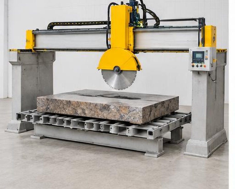 Bridge stone cutting saw over a large polished slab