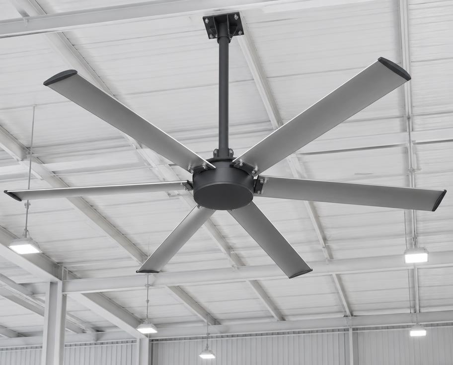Large industrial ceiling fan displayed in a warehouse