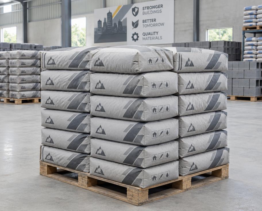 Pallet of neatly stacked grey cement bags in a building materials warehouse