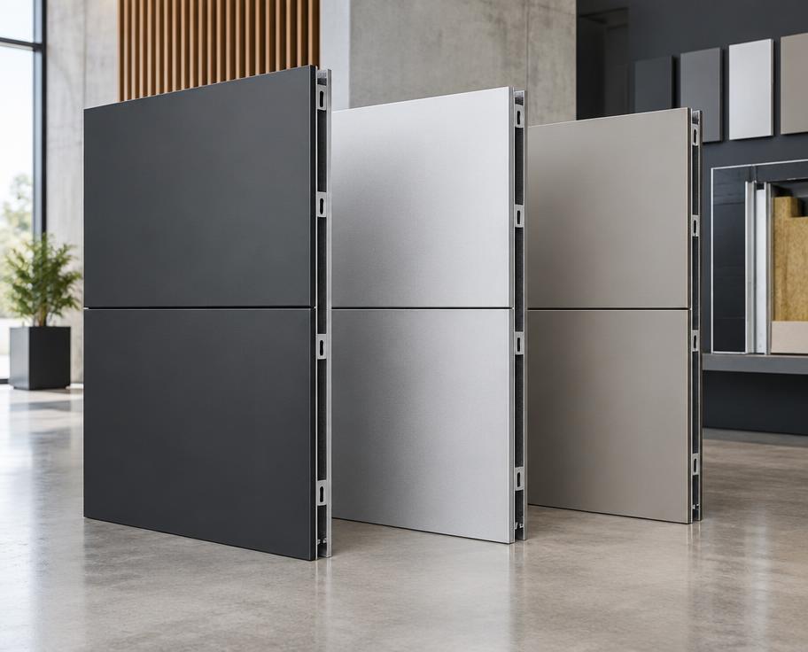 Modern exterior facade cladding panels displayed beside stone slabs