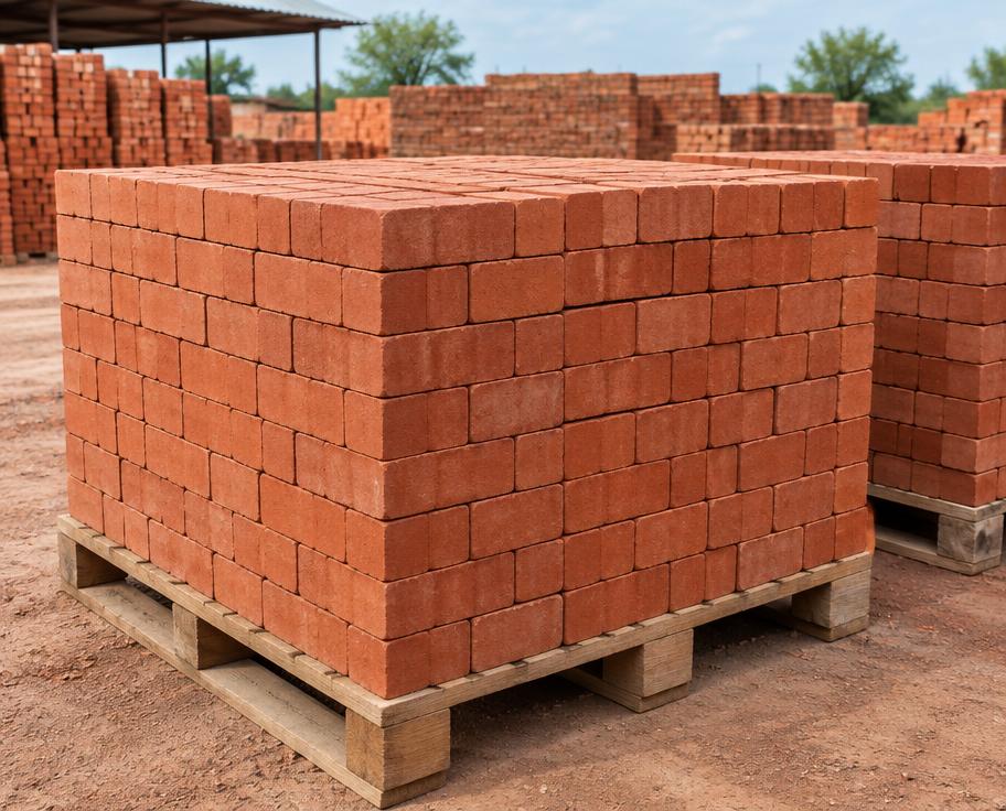 Pallets of red clay construction bricks in a supply yard