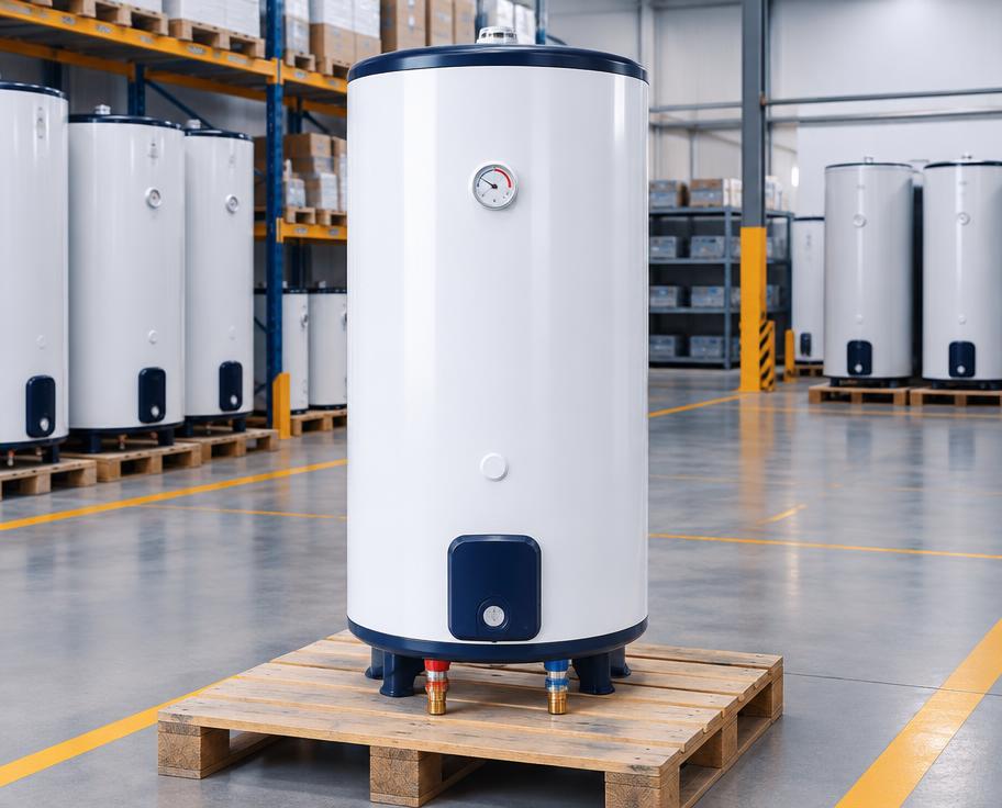 Commercial electric storage water heater displayed in an appliance warehouse