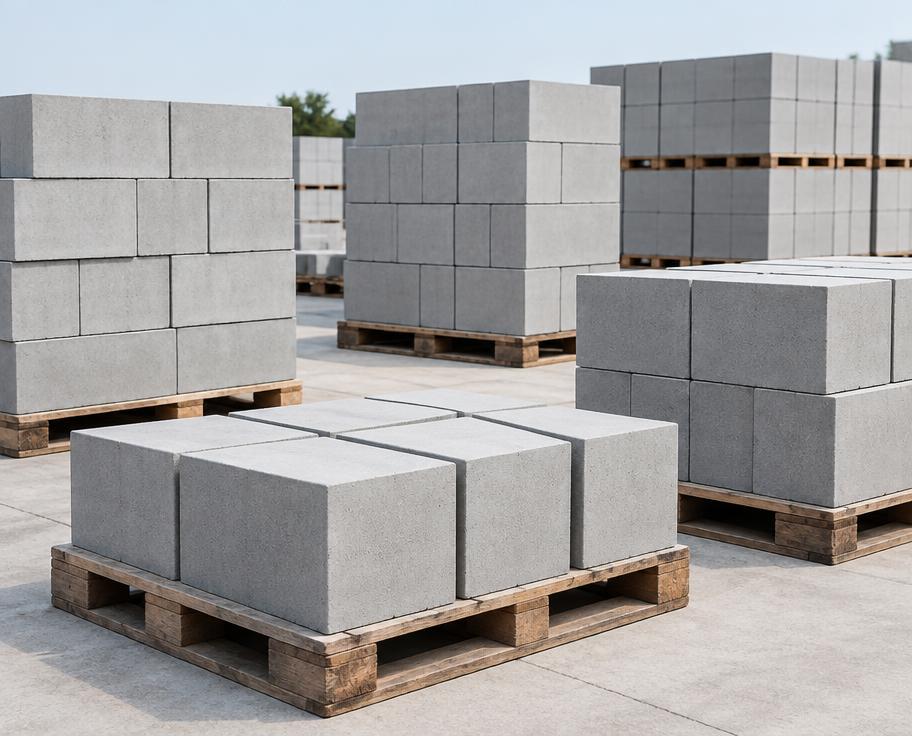 Pallets of lightweight AAC concrete masonry blocks in a supply yard