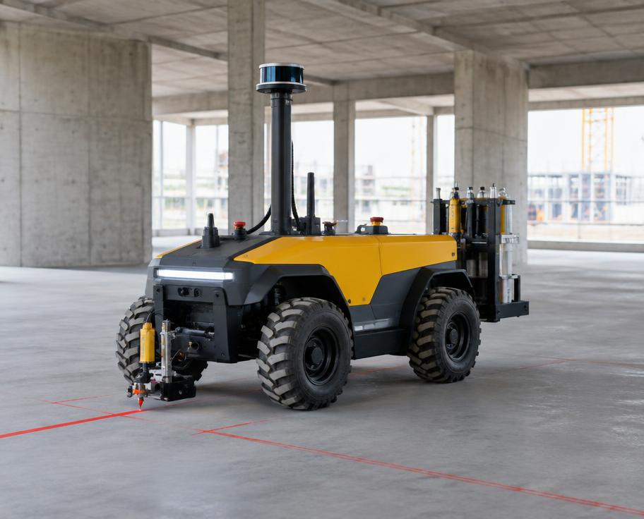 Autonomous wheeled construction robot marking floor layouts in a concrete building