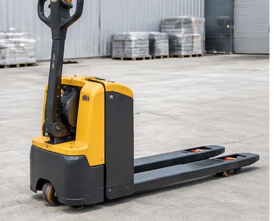 Compact electric pallet truck with low forks in a warehouse yard