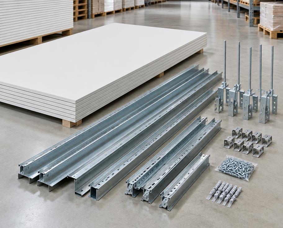 Gypsum false ceiling boards and metal framing channels in warehouse stock