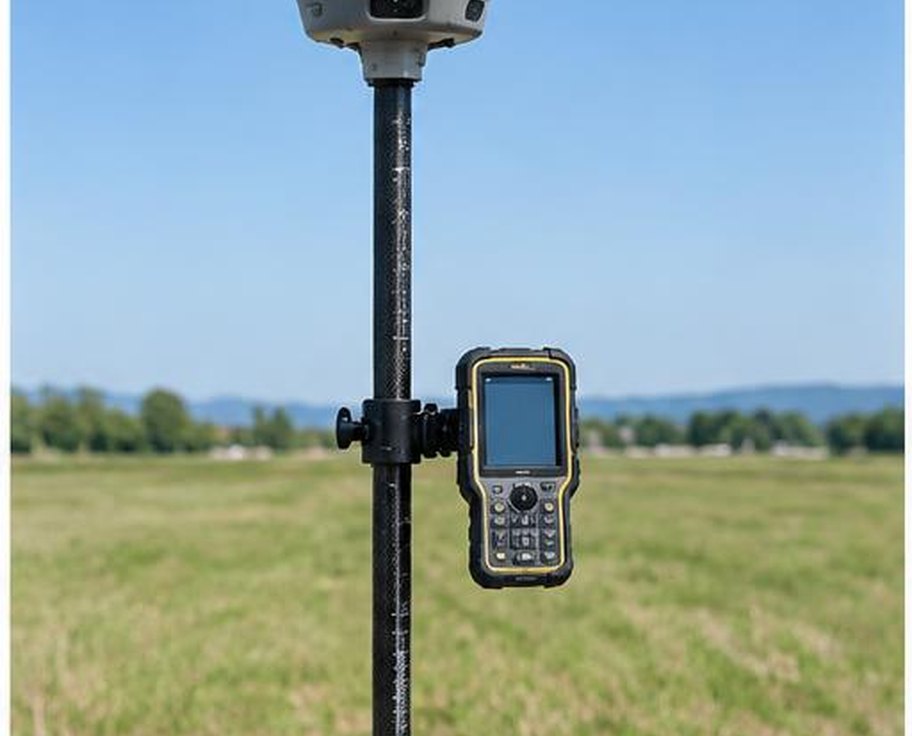 GNSS survey rover receiver on pole with rugged field controller