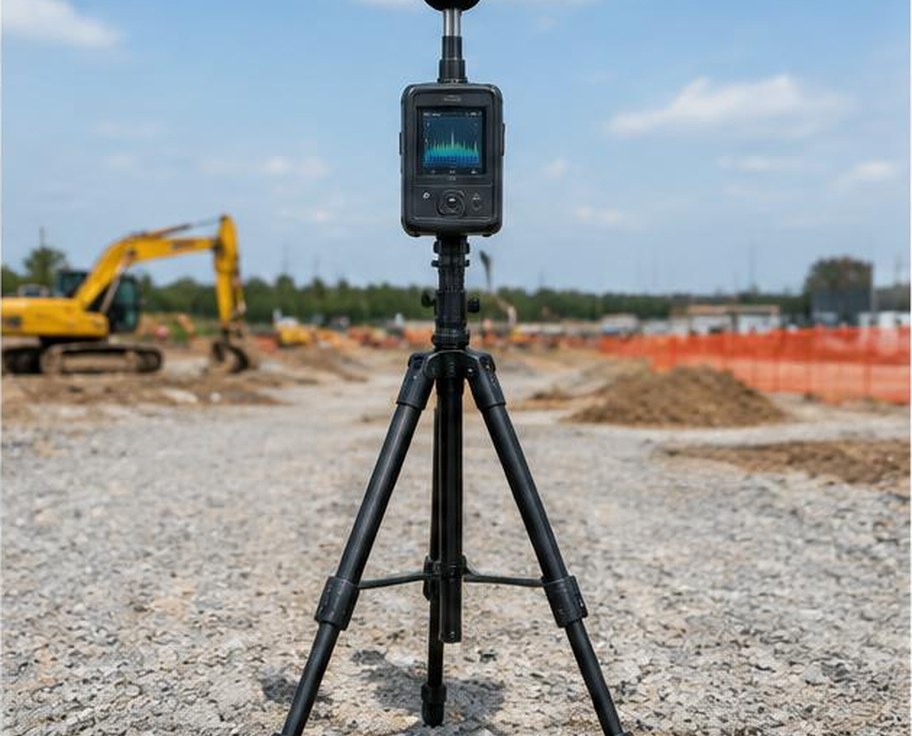 Tripod mounted digital construction noise monitor