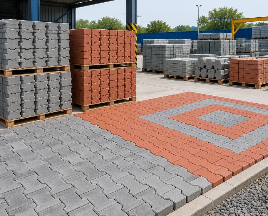 Grey and terracotta interlocking landscaping pavers in a supply yard