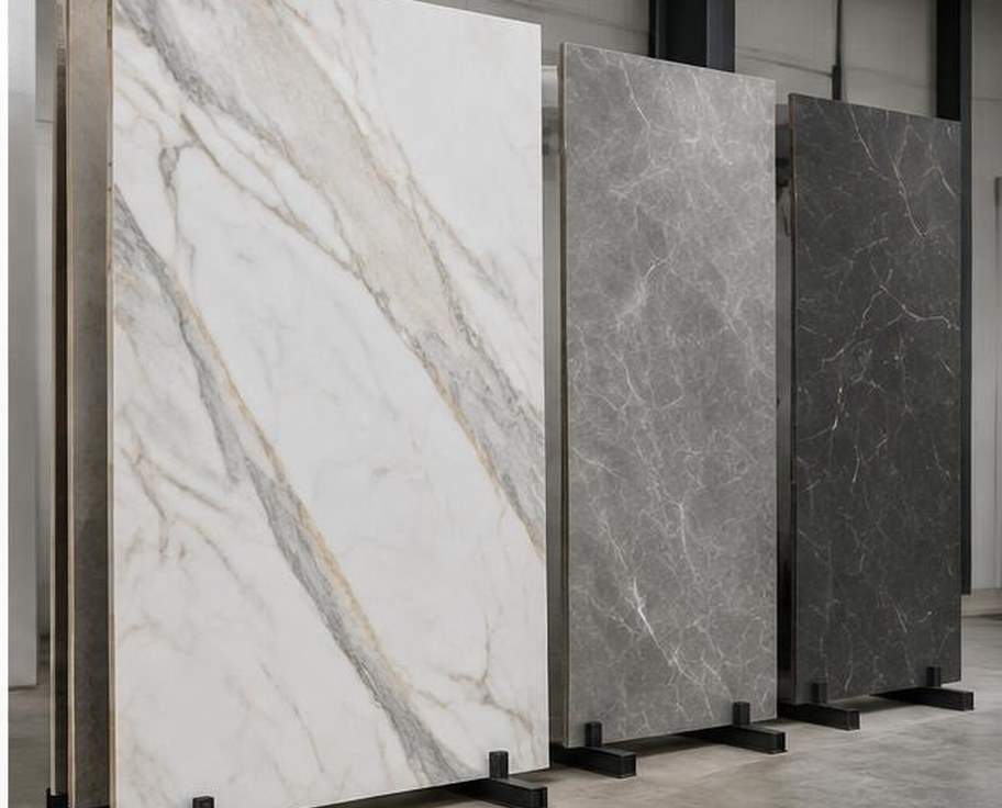 Large format marble-look porcelain slabs on display