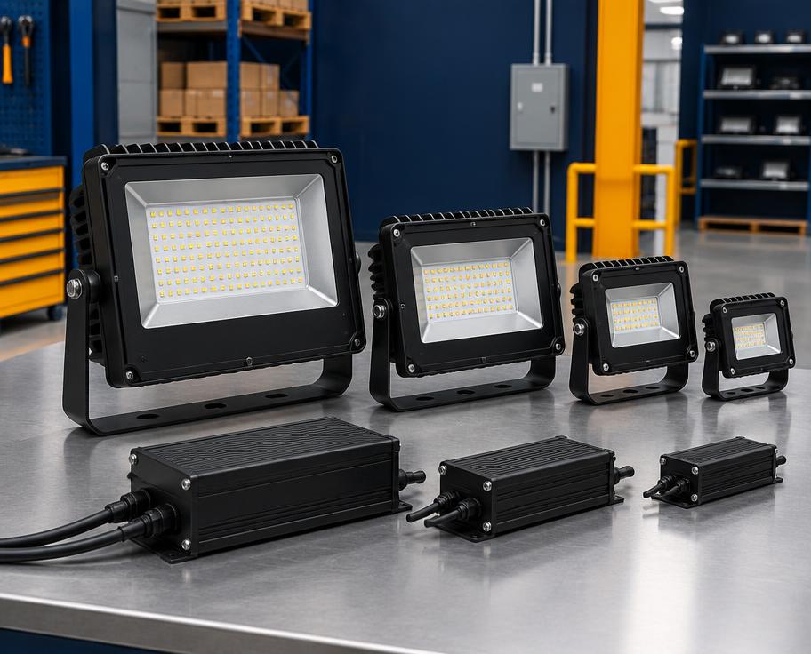 Rugged black LED outdoor floodlights and drivers on a warehouse counter