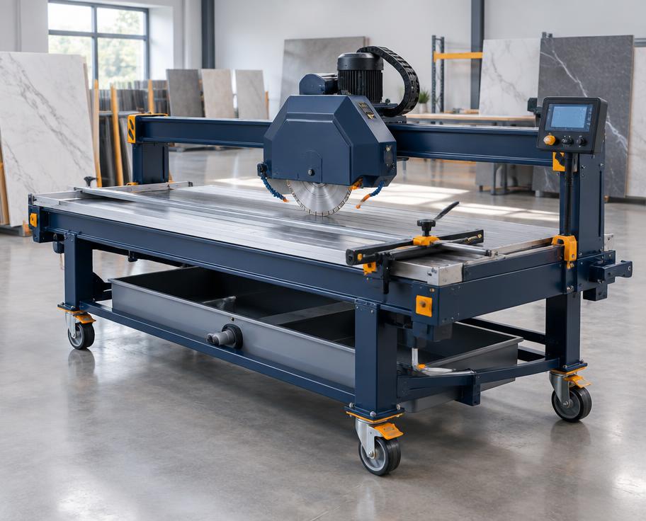 Professional low-noise bridge wet tile cutter in a modern tile workshop