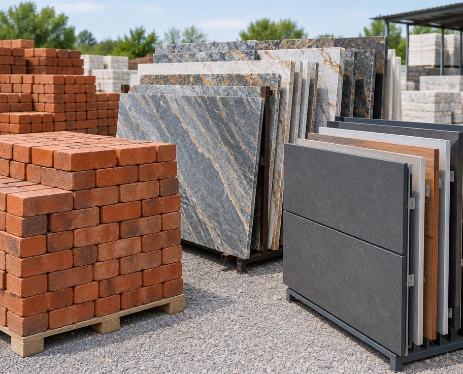 Natural stone slabs and facade cladding panels displayed in a materials yard
