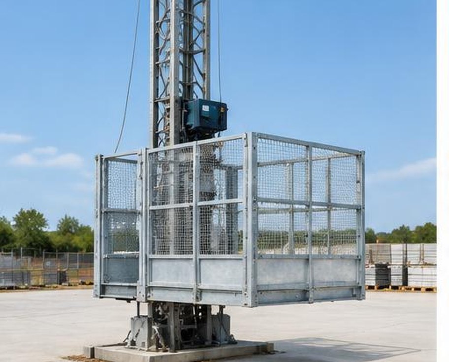 Galvanised material hoist cage platform mounted on a vertical mast