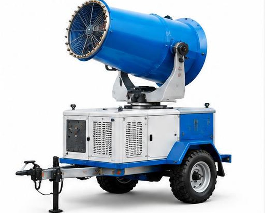 Blue mobile mist cannon dust suppression machine on towable chassis