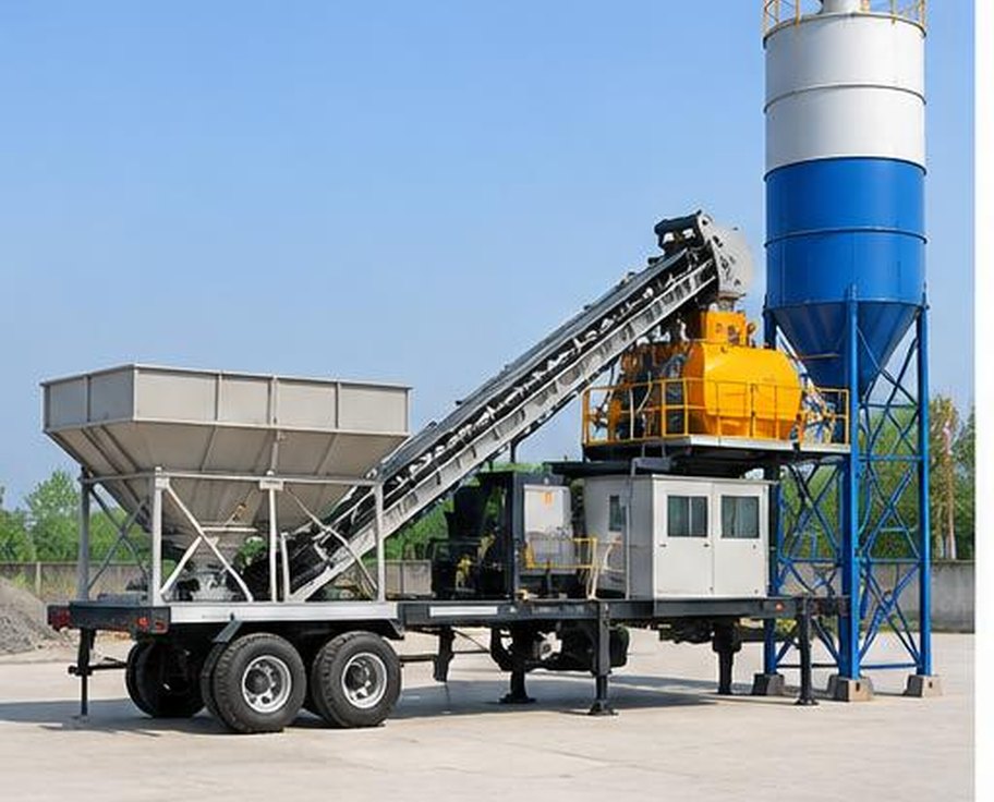 Mobile concrete batching plant with aggregate bins conveyor and cement silo