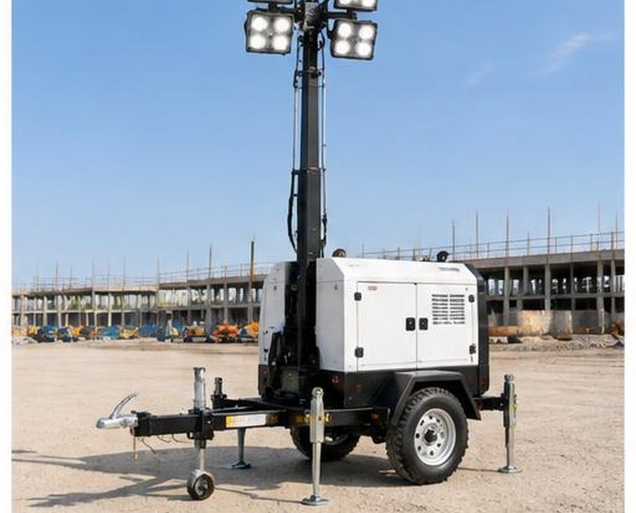 Towable mobile LED tower light with four floodlights on raised mast