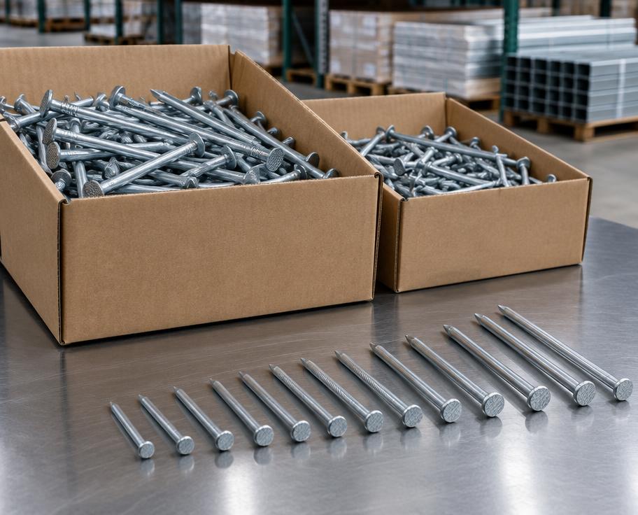Galvanised construction nails sorted beside sealed bulk cartons