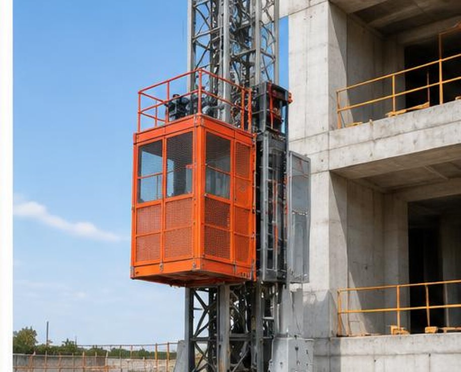 Orange passenger construction hoist mounted beside a multi-storey building