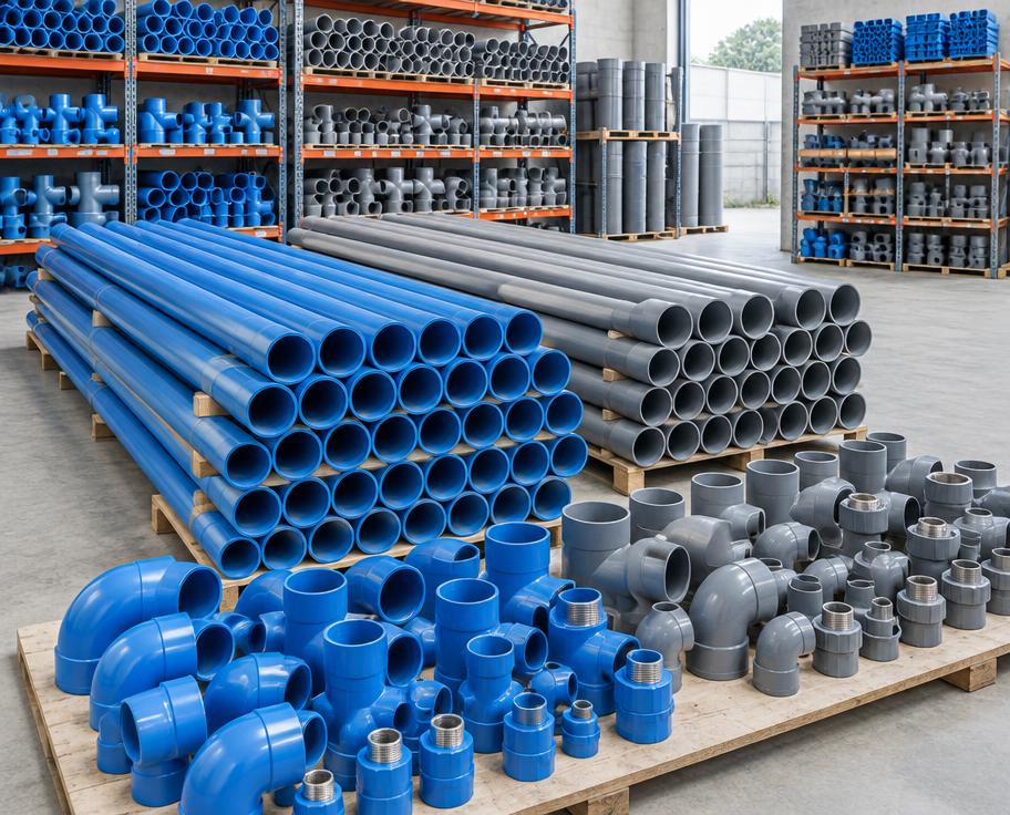 Organised blue and grey plumbing pipes and fittings in a warehouse