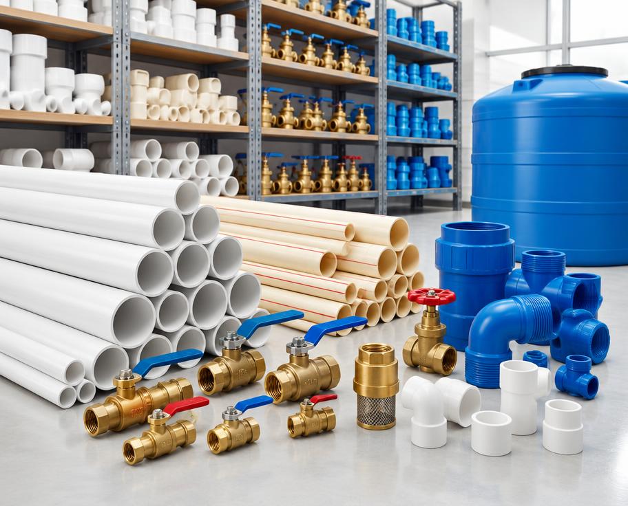 Brass plumbing valves and pipe fittings arranged for procurement