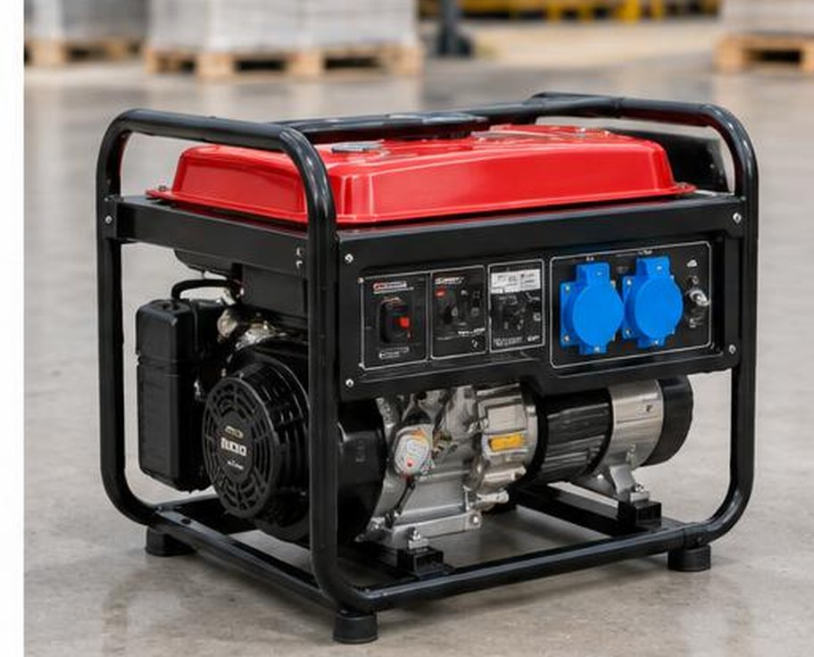 Portable open-frame petrol generator with protected sockets