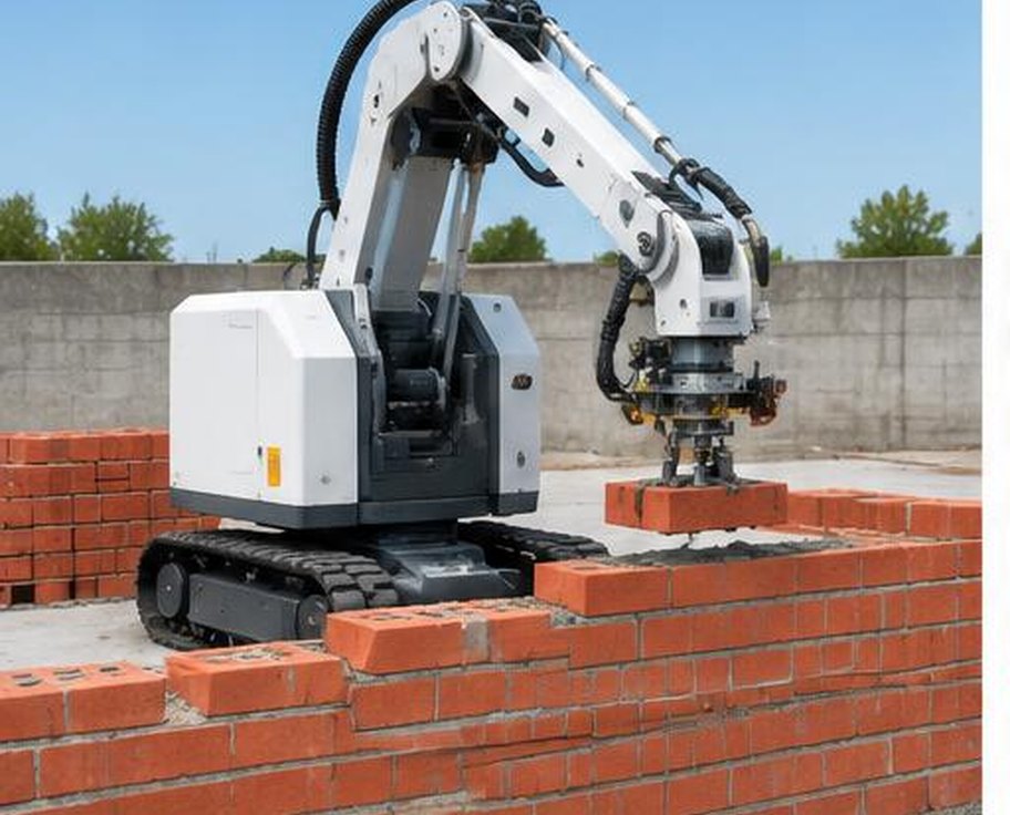 Autonomous robotic brick laying machine placing red bricks on a structural wall