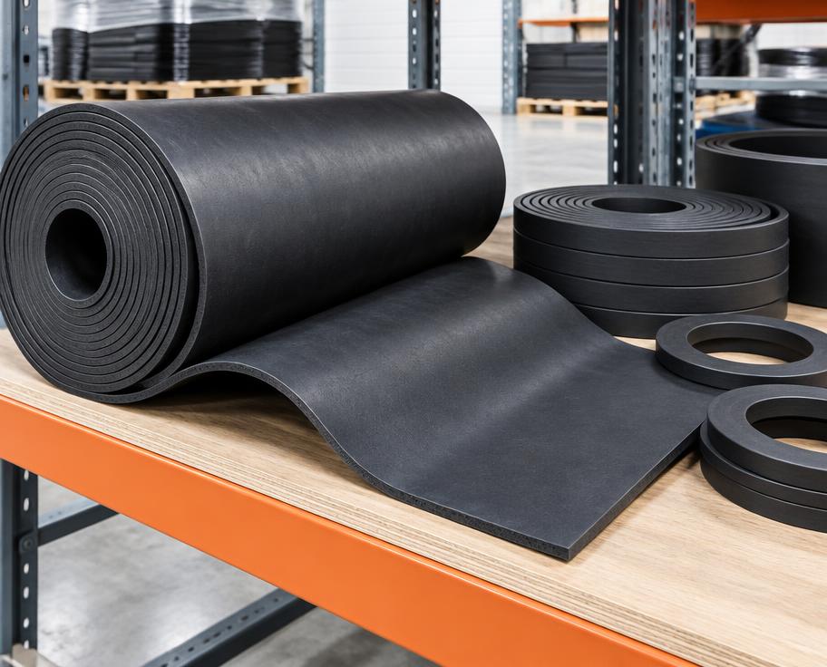 Black industrial neoprene rubber sheet rolls in warehouse storage