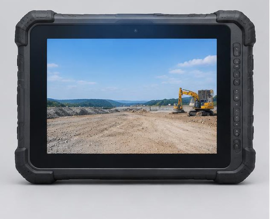 Rugged field tablet displaying a construction site