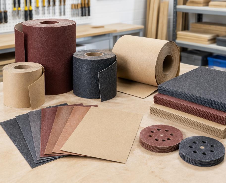 Assorted industrial abrasive sandpaper sheets and sanding rolls on a workbench