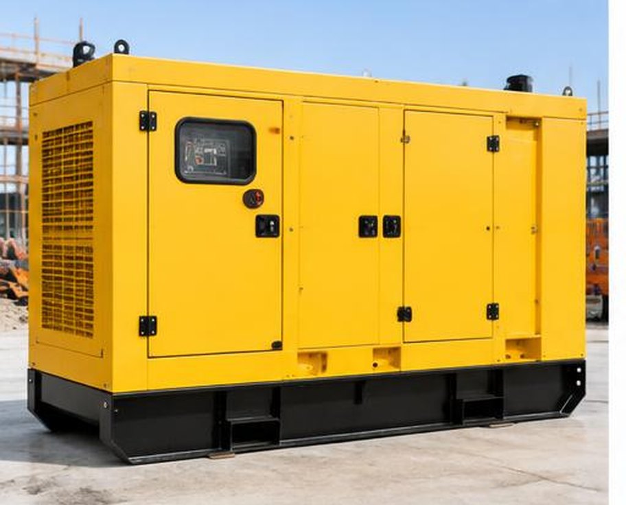 Large yellow acoustic diesel generator enclosure on a construction site