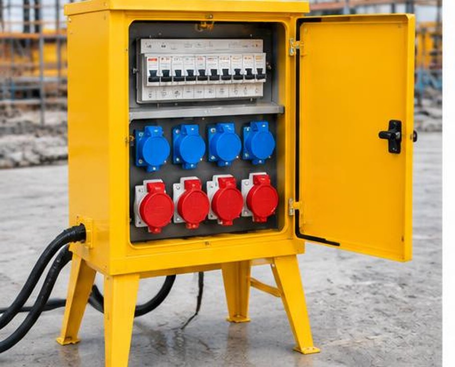 Rugged yellow temporary power distribution board with industrial sockets