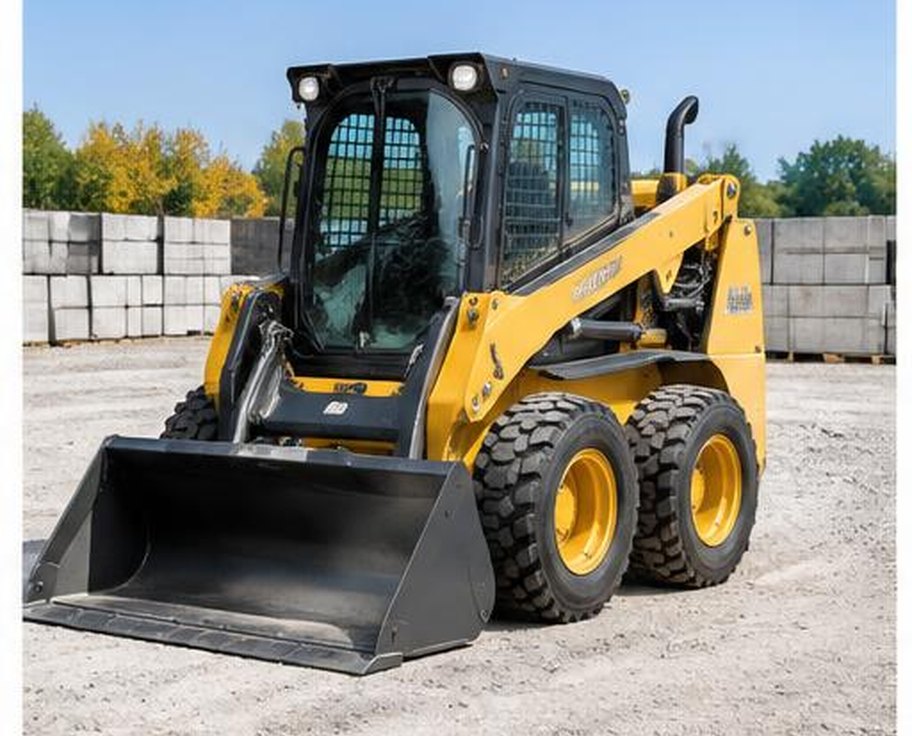 Compact skid steer loader with front bucket on a gravel site