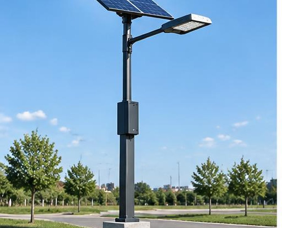 Integrated solar LED street light on a steel pole beside a roadway