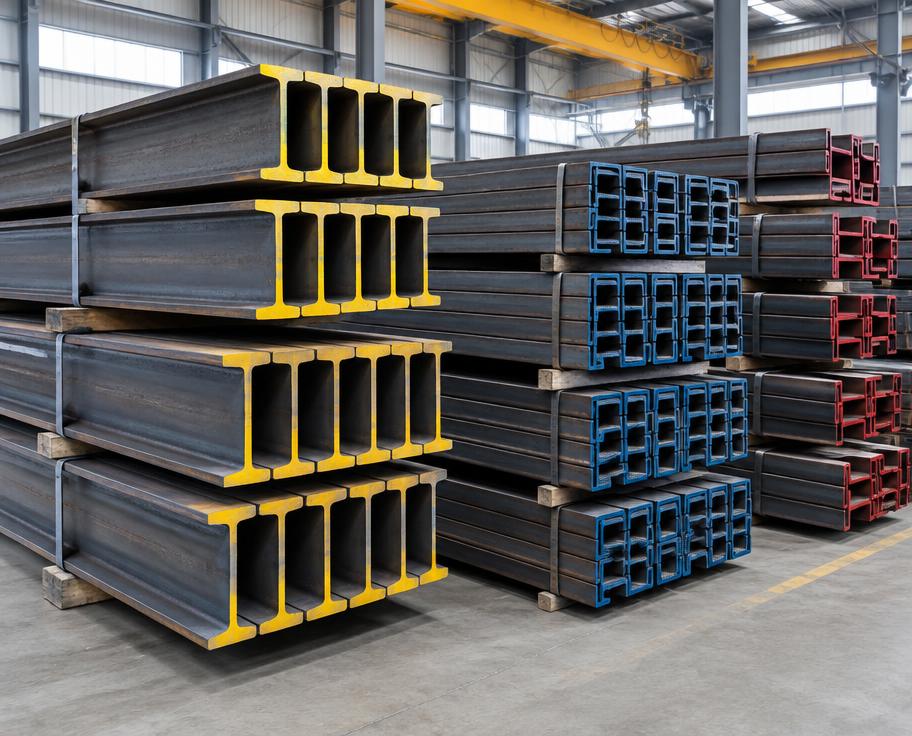 Heavy structural steel I-beams stacked in an industrial stockyard