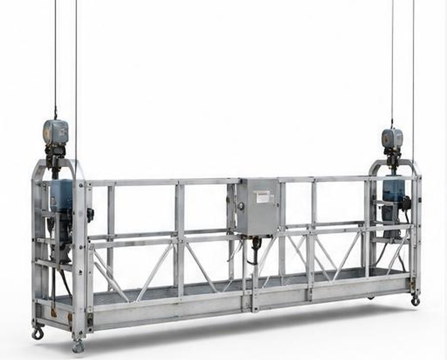 Suspended aluminium facade access platform with twin electric hoists