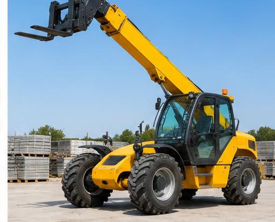 Yellow telescopic handler with extended boom and pallet forks