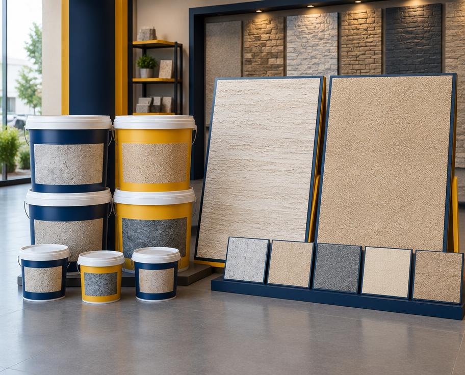 Exterior texture finish pails beside stone and sand texture sample boards