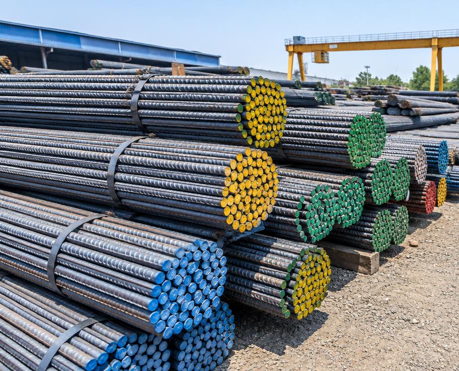 Bundles of ribbed Fe 500D TMT reinforcement bars in a steel yard