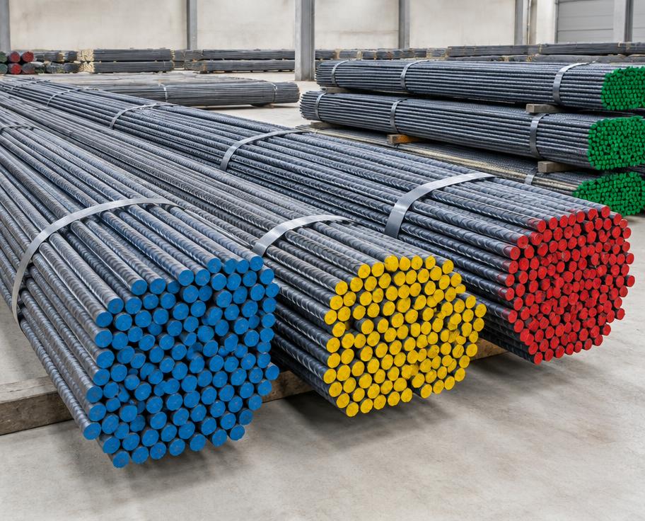 Bundled ribbed TMT steel bars with colour-coded ends in a warehouse