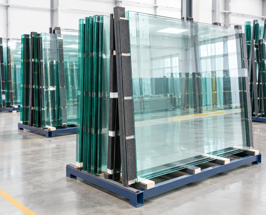 Clear toughened architectural glass panels secured on transport racks