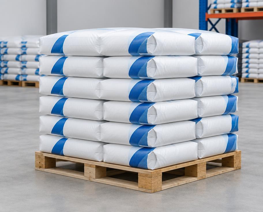 Wall putty sacks stacked with paint and finishing products