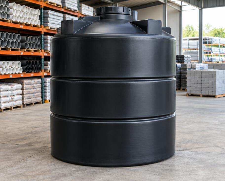 Large blue water storage tank with plumbing fittings