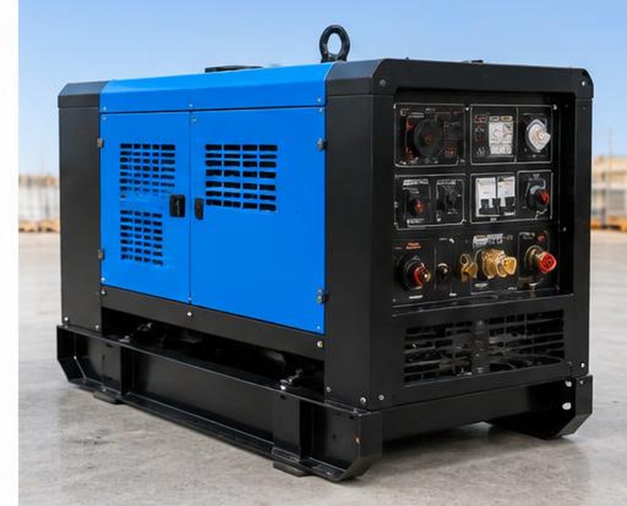 Blue engine-driven welding generator in protective site enclosure
