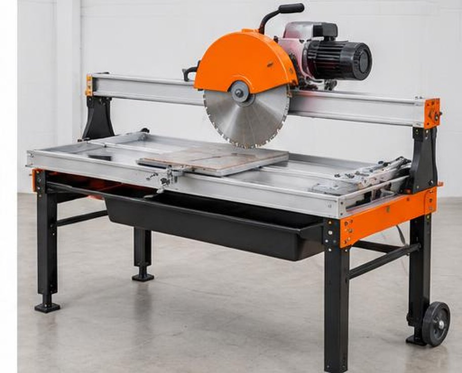 Professional wet tile cutting saw on a stable workshop table